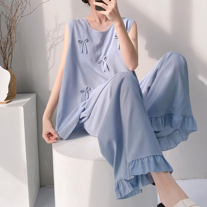 Cotton Silk Pajama Set for Women Sleeveless Loungewear