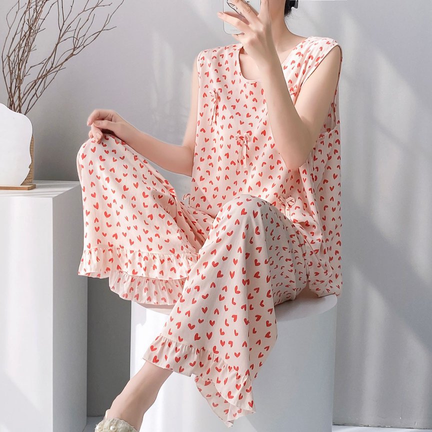 Cotton Silk Pajama Set for Women Sleeveless Loungewear