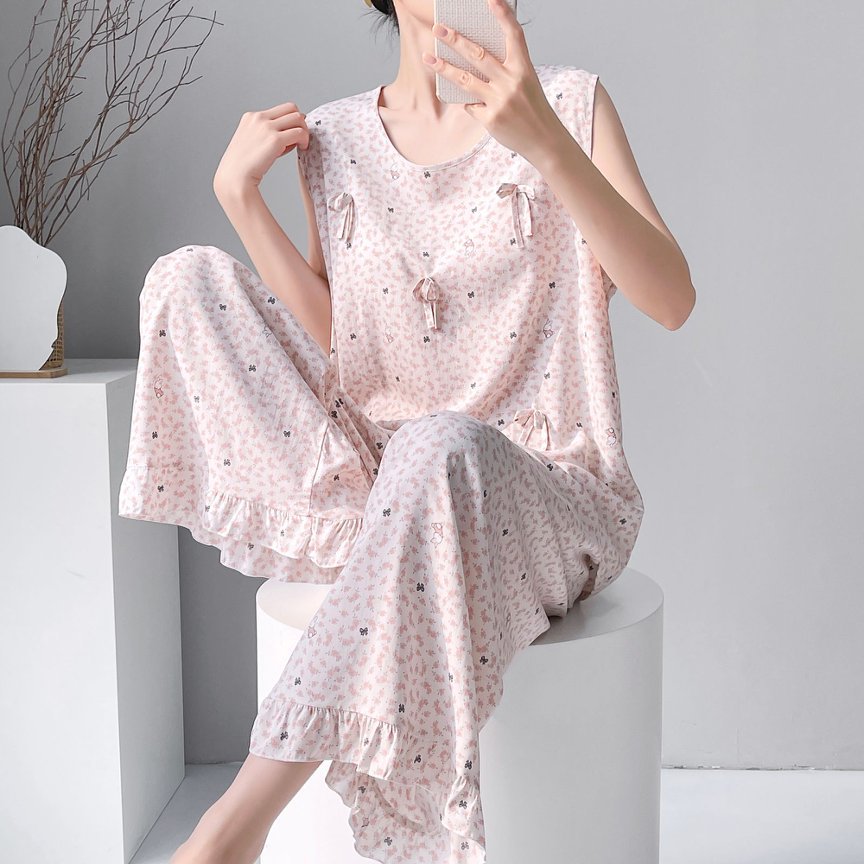 Cotton Silk Pajama Set for Women Sleeveless Loungewear