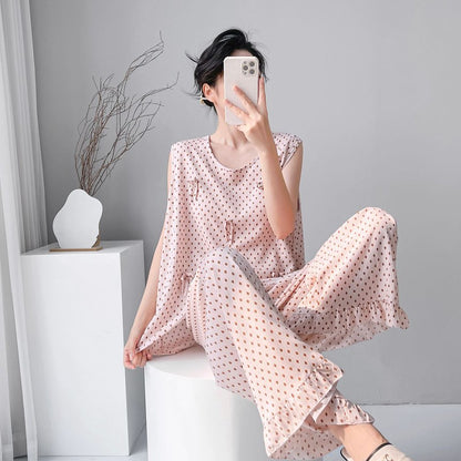 Cotton Silk Pajama Set for Women Sleeveless Loungewear