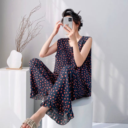 Cotton Silk Pajama Set for Women Sleeveless Loungewear