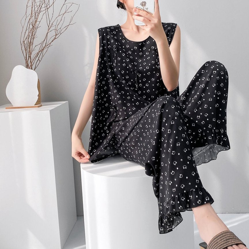Cotton Silk Pajama Set for Women Sleeveless Loungewear