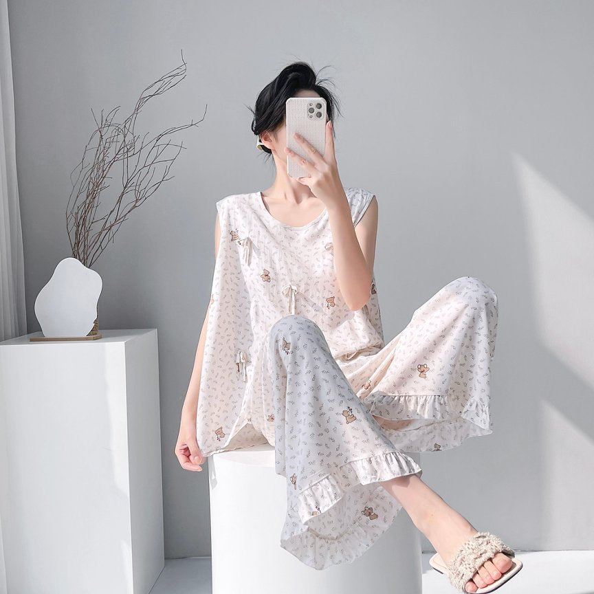 Cotton Silk Pajama Set for Women Sleeveless Loungewear