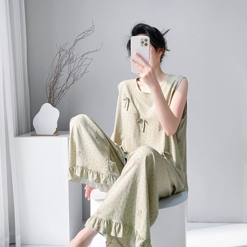 Cotton Silk Pajama Set for Women Sleeveless Loungewear