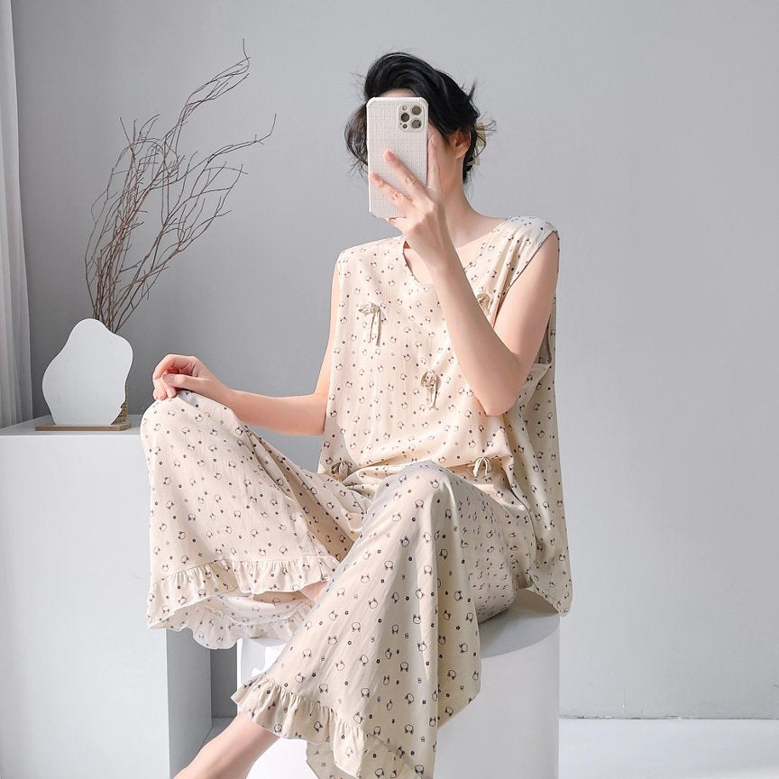 Cotton Silk Pajama Set for Women Sleeveless Loungewear