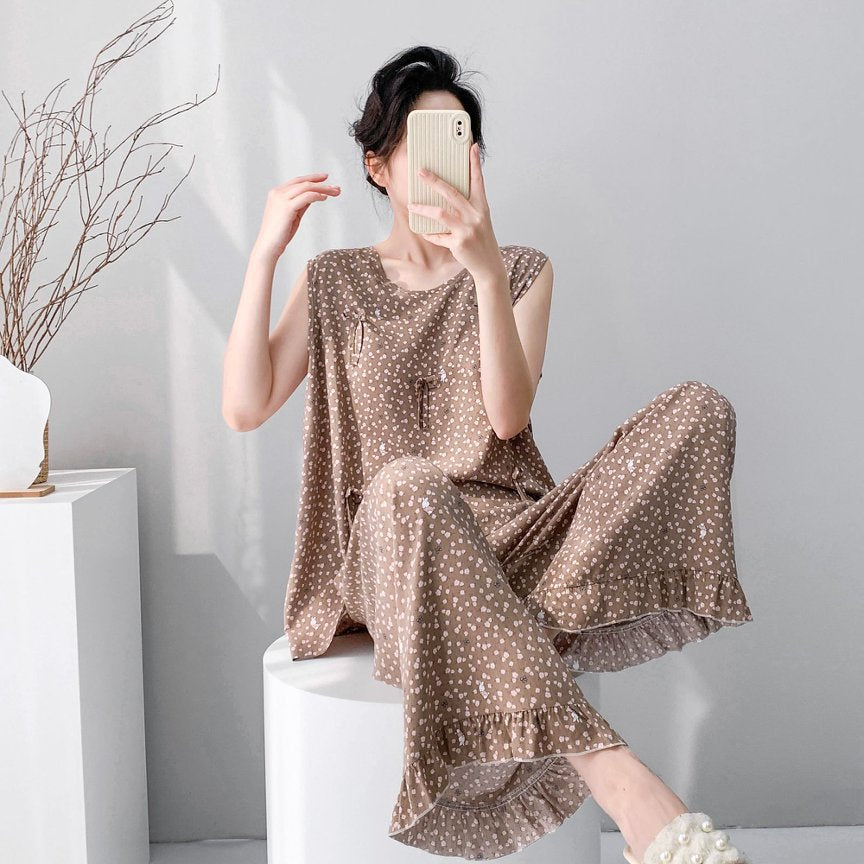 Cotton Silk Pajama Set for Women Sleeveless Loungewear