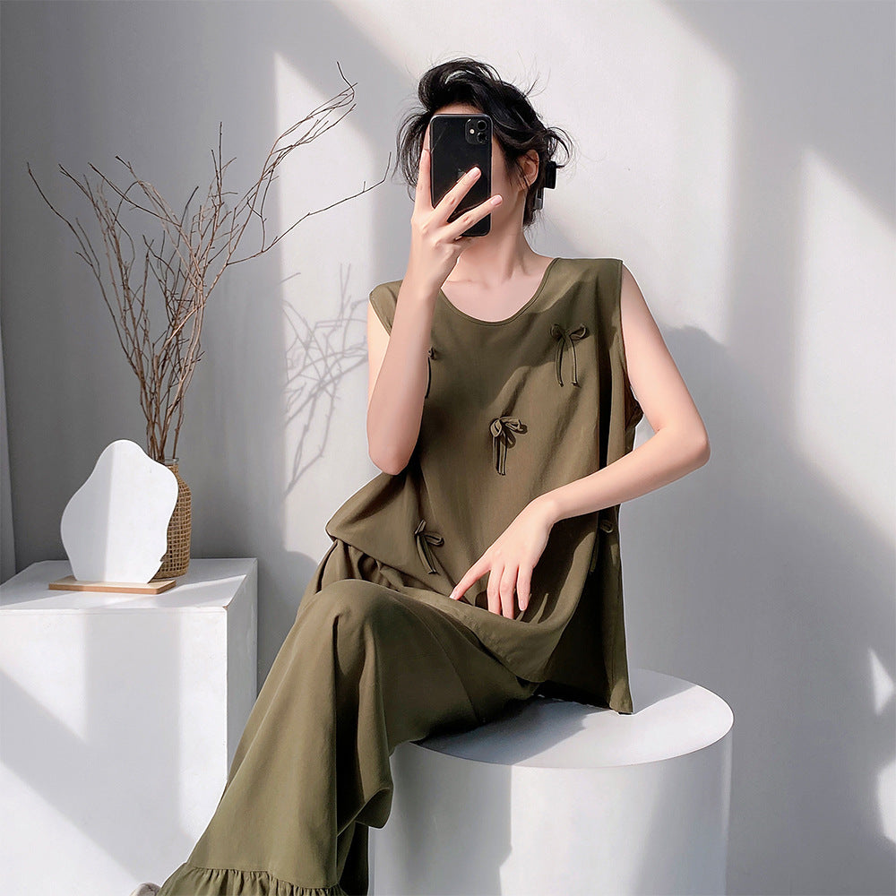 Cotton Silk Pajama Set for Women Sleeveless Loungewear