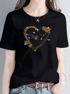 Black Short Sleeves Love Two Flowers