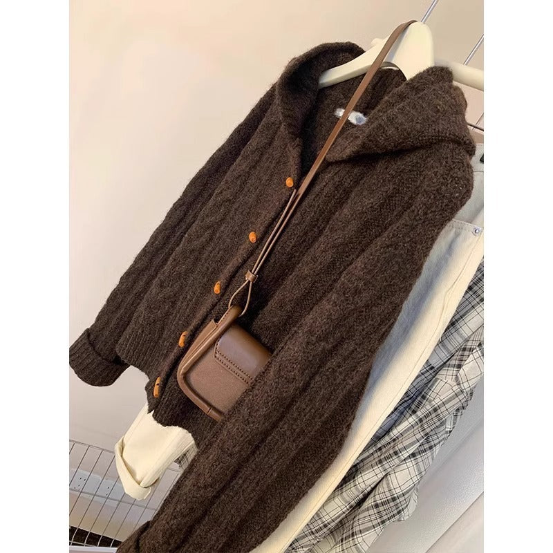 Cow horn buttoned hooded cardigan sweater