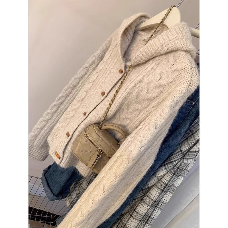 Cow horn buttoned hooded cardigan sweater