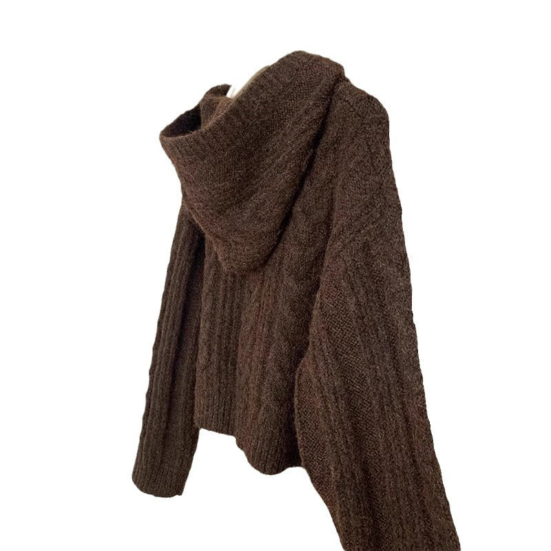 Cow horn buttoned hooded cardigan sweater