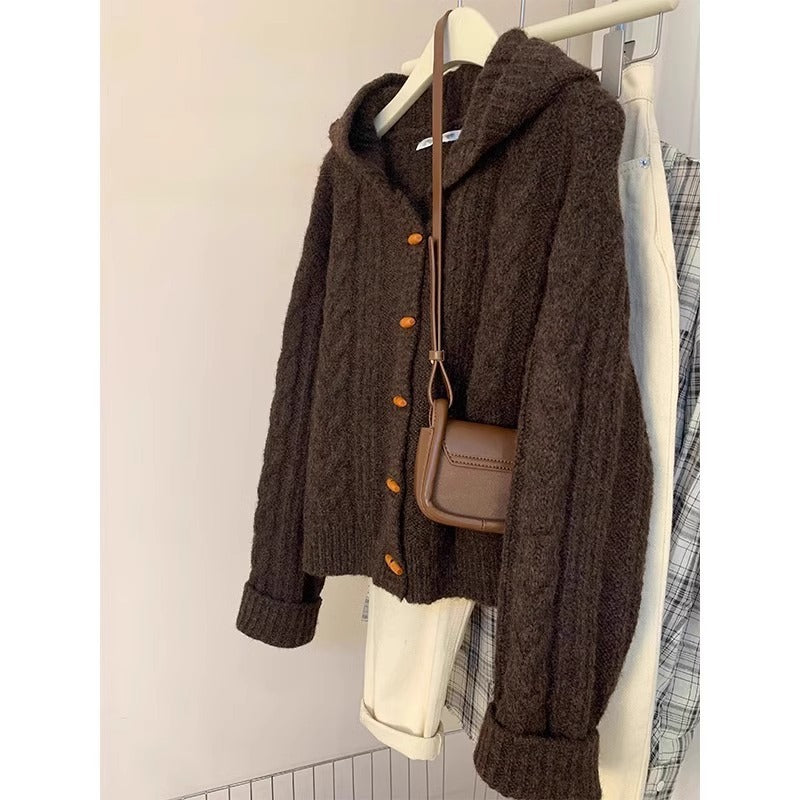 Cow horn buttoned hooded cardigan sweater