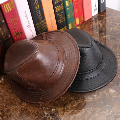 Cowhide Leather Fedora Hat with Large Brim