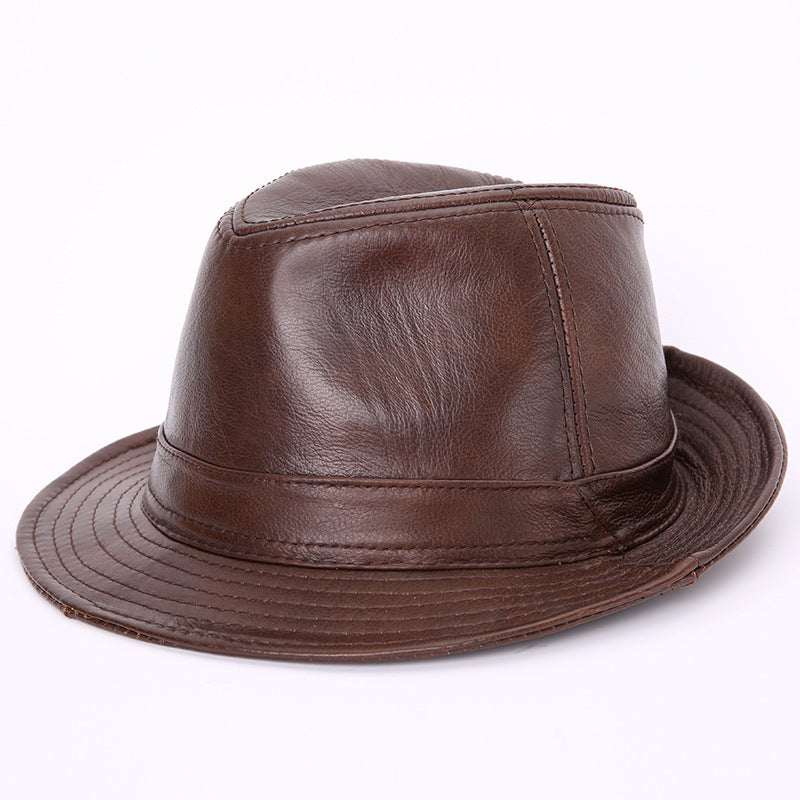 Cowhide Leather Fedora Hat with Large Brim