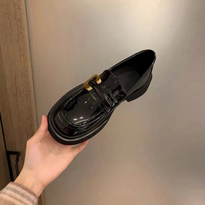 Cowhide Thick-Soled Loafers Black Versatile Leather Shoes