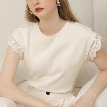 Cream yellow lace short sleeve round neck