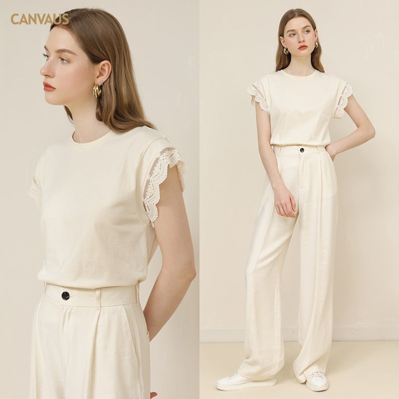 Cream yellow lace short sleeve round neck