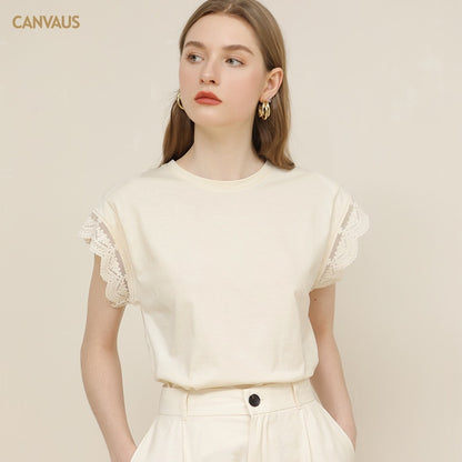 Cream yellow lace short sleeve round neck