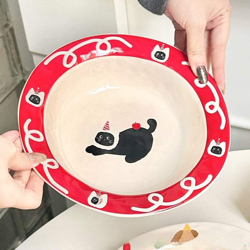 Creative Handmade Ceramic Soup Salad Plate with Dog Cat Design