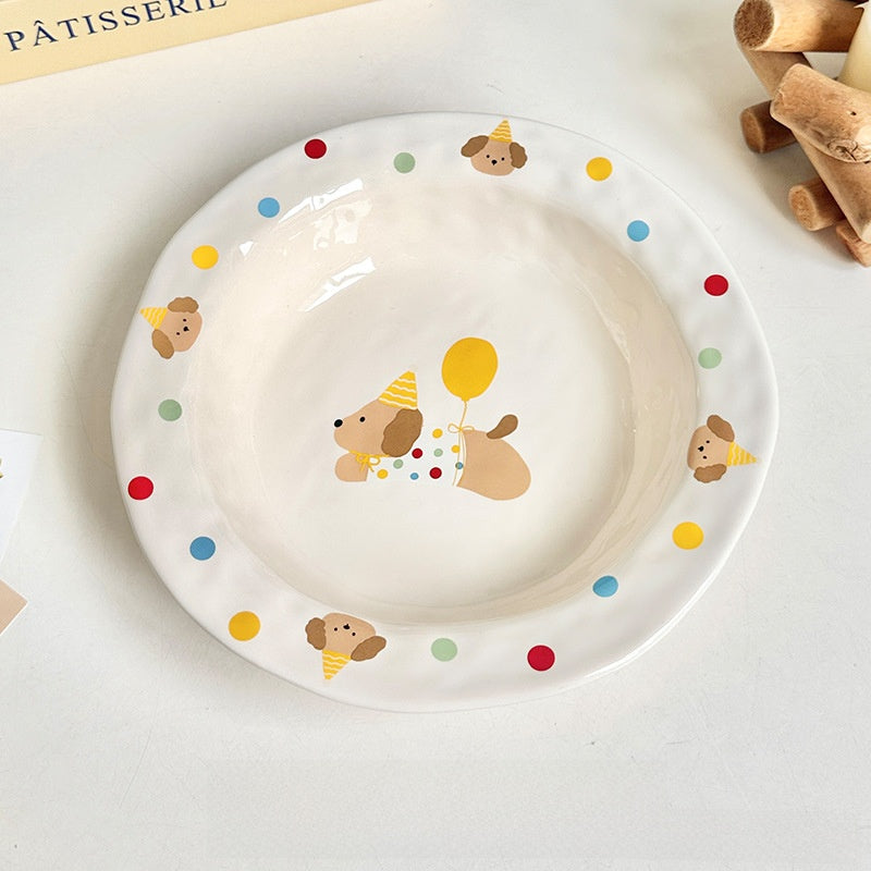 Creative Handmade Ceramic Soup Salad Plate with Dog Cat Design