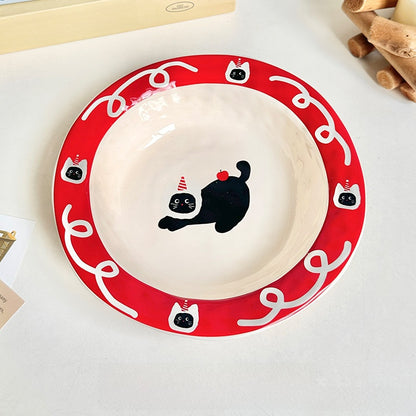 Creative Handmade Ceramic Soup Salad Plate with Dog Cat Design