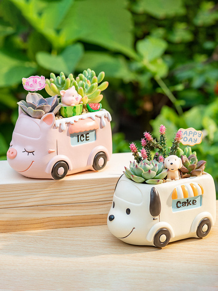 Creative Succulent Flower Pots for Kindergarten Plant Corners, Cute Cartoon Car and Animal Decorations, Gift for Boys