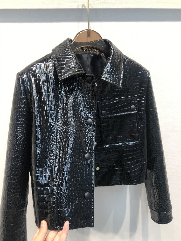 Crocodile pattern genuine leather coat