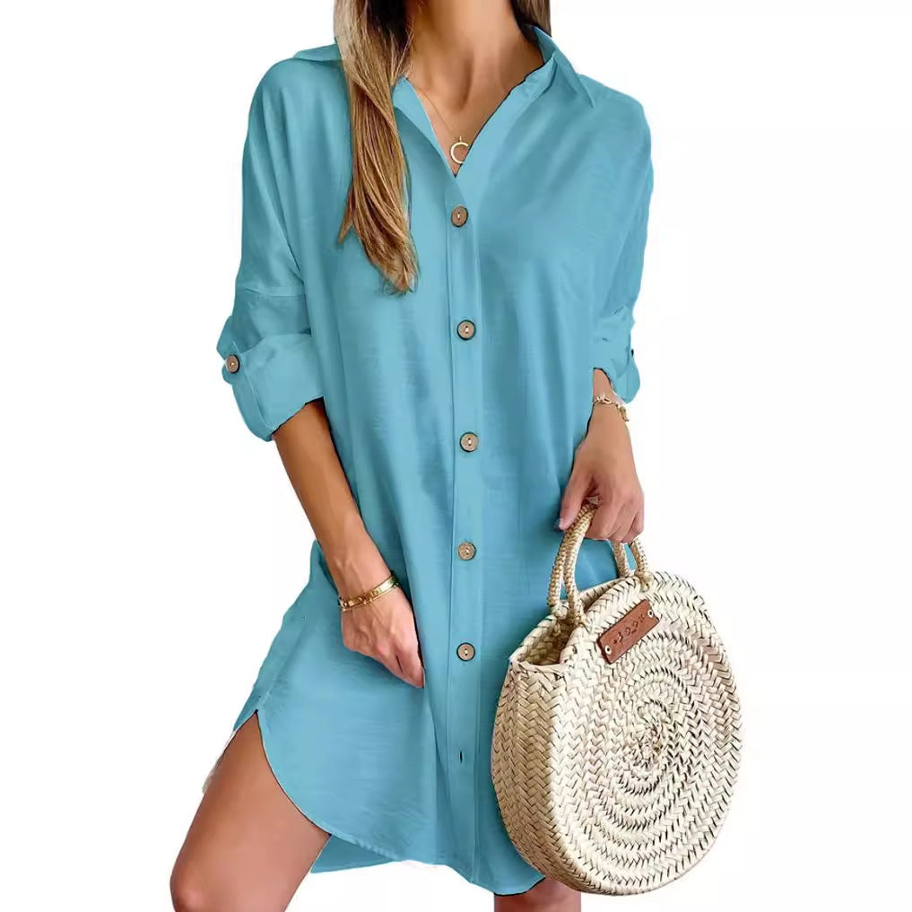 Cross-border 2024 independent station AliExpress explosions autumn casual long sleeve lapel button shirt dress women's clothing