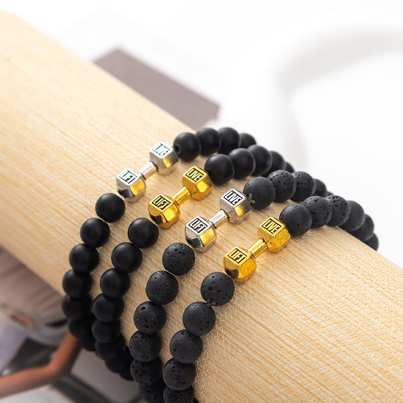 Cross-Border Accessories Volcanic Stone Bracelet Black Frosted Alloy Large Dumbbell Energy Bracelet Yoga in Stock