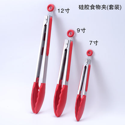 Cross-border BBQ Grill Clip 7-inch 9-inch 12-inch Three-piece Set Stainless Steel Silicone Food Clip Kitchen Food Clip