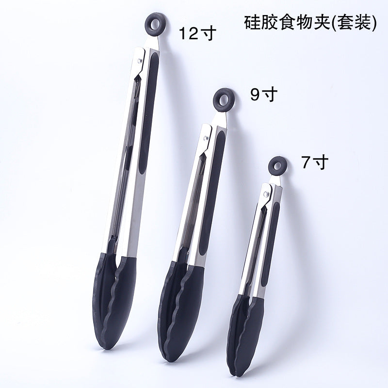 Cross-border BBQ Grill Clip 7-inch 9-inch 12-inch Three-piece Set Stainless Steel Silicone Food Clip Kitchen Food Clip