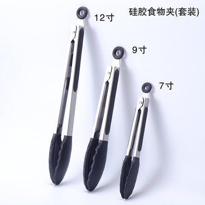 Cross-border BBQ Grill Clip 7-inch 9-inch 12-inch Three-piece Set Stainless Steel Silicone Food Clip Kitchen Food Clip