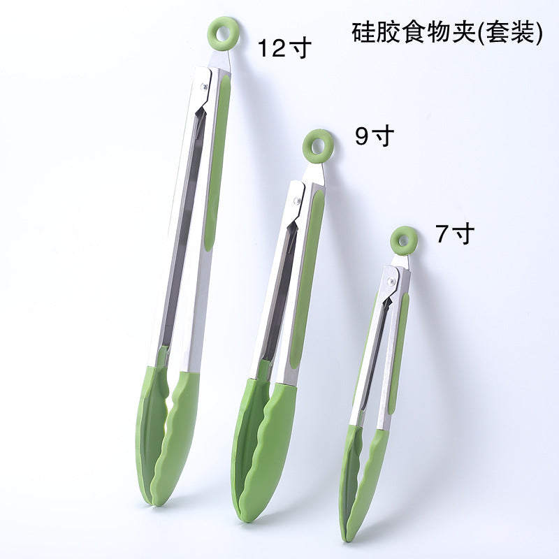 Cross-border BBQ Grill Clip 7-inch 9-inch 12-inch Three-piece Set Stainless Steel Silicone Food Clip Kitchen Food Clip