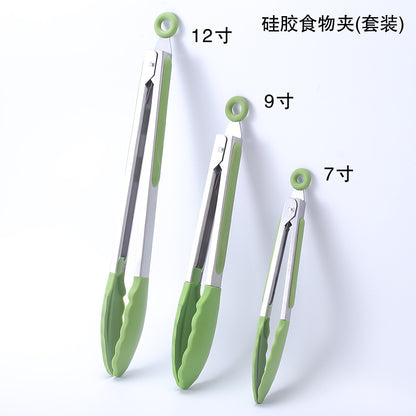 Cross-border BBQ Grill Clip 7-inch 9-inch 12-inch Three-piece Set Stainless Steel Silicone Food Clip Kitchen Food Clip