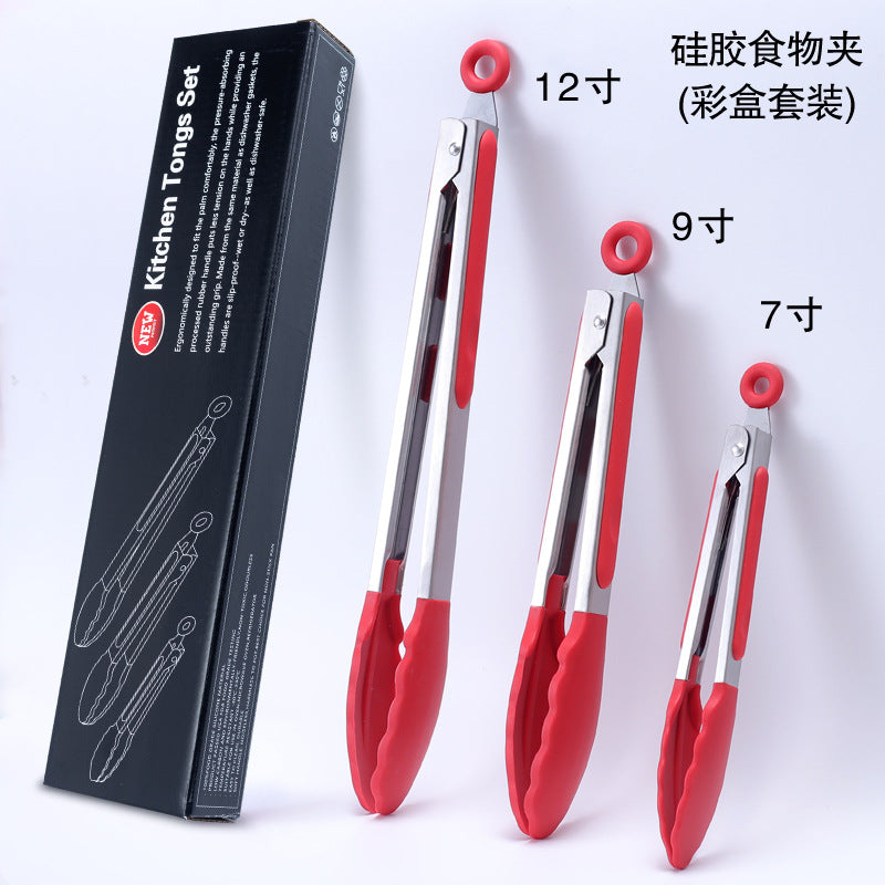 Cross-border BBQ Grill Clip 7-inch 9-inch 12-inch Three-piece Set Stainless Steel Silicone Food Clip Kitchen Food Clip