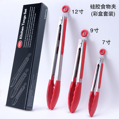 Cross-border BBQ Grill Clip 7-inch 9-inch 12-inch Three-piece Set Stainless Steel Silicone Food Clip Kitchen Food Clip