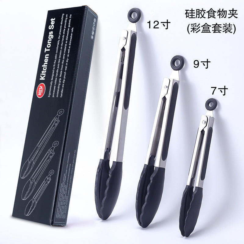 Cross-border BBQ Grill Clip 7-inch 9-inch 12-inch Three-piece Set Stainless Steel Silicone Food Clip Kitchen Food Clip