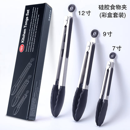 Cross-border BBQ Grill Clip 7-inch 9-inch 12-inch Three-piece Set Stainless Steel Silicone Food Clip Kitchen Food Clip