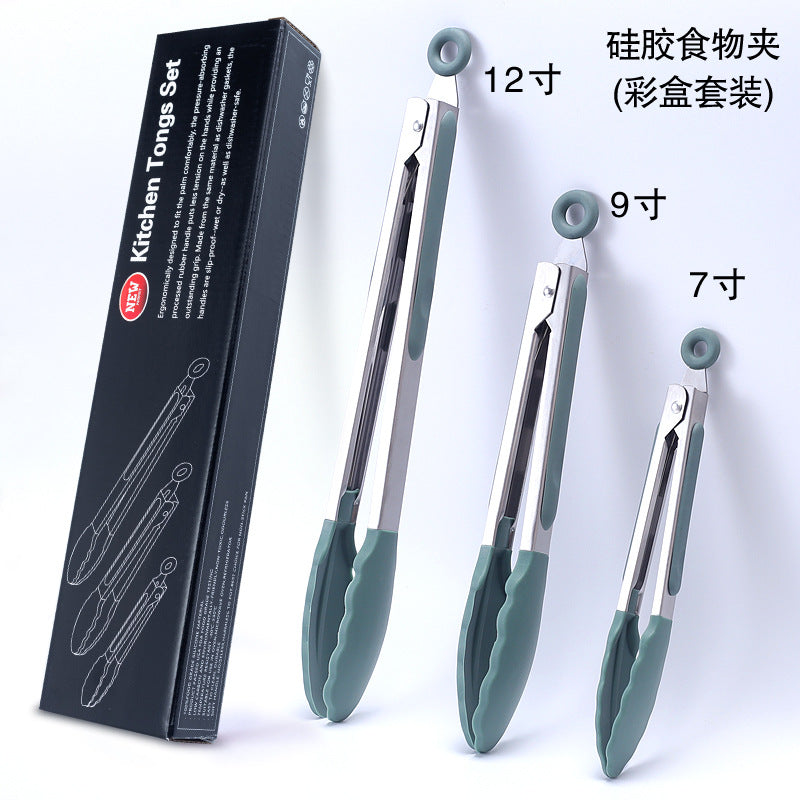 Cross-border BBQ Grill Clip 7-inch 9-inch 12-inch Three-piece Set Stainless Steel Silicone Food Clip Kitchen Food Clip