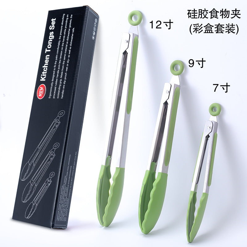 Cross-border BBQ Grill Clip 7-inch 9-inch 12-inch Three-piece Set Stainless Steel Silicone Food Clip Kitchen Food Clip