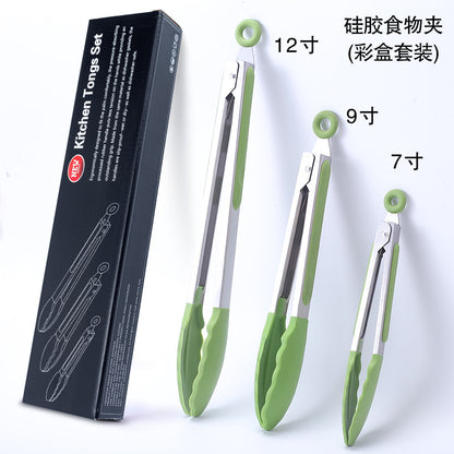 Cross-border BBQ Grill Clip 7-inch 9-inch 12-inch Three-piece Set Stainless Steel Silicone Food Clip Kitchen Food Clip
