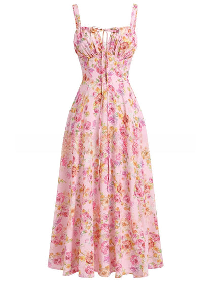Cross-Border European and American 2026 Amazon Summer New Printed Tie-Up Strap Dress with Back Tie Waist-Cinching Long Dress