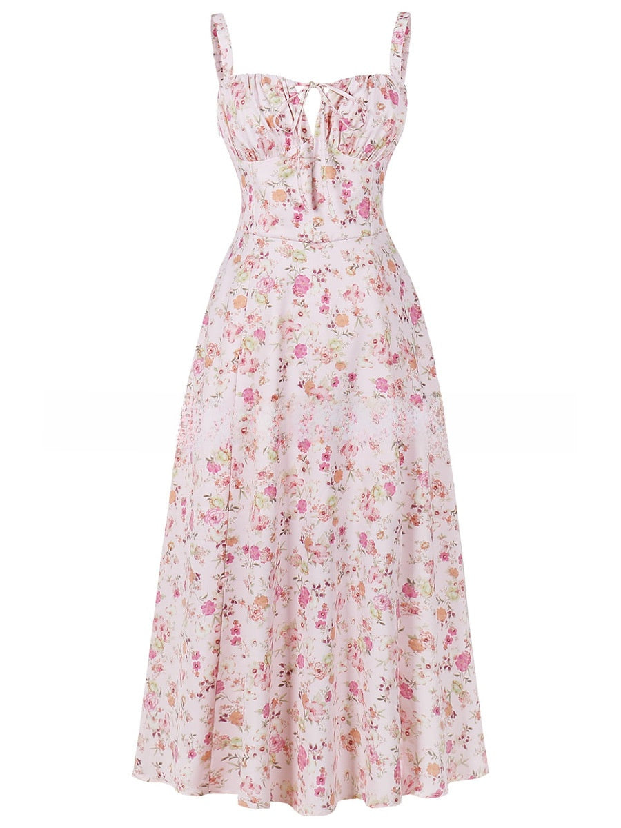 Cross-Border European and American 2026 Amazon Summer New Printed Tie-Up Strap Dress with Back Tie Waist-Cinching Long Dress