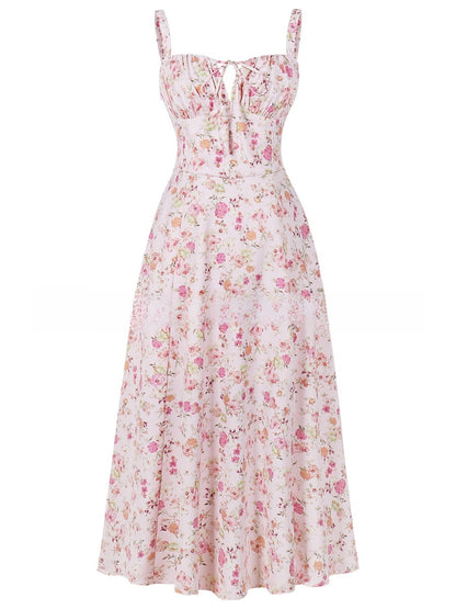 Cross-Border European and American 2026 Amazon Summer New Printed Tie-Up Strap Dress with Back Tie Waist-Cinching Long Dress
