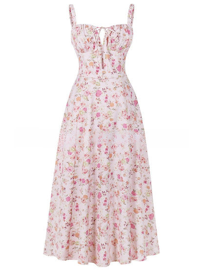 Cross-Border European and American 2026 Amazon Summer New Printed Tie-Up Strap Dress with Back Tie Waist-Cinching Long Dress