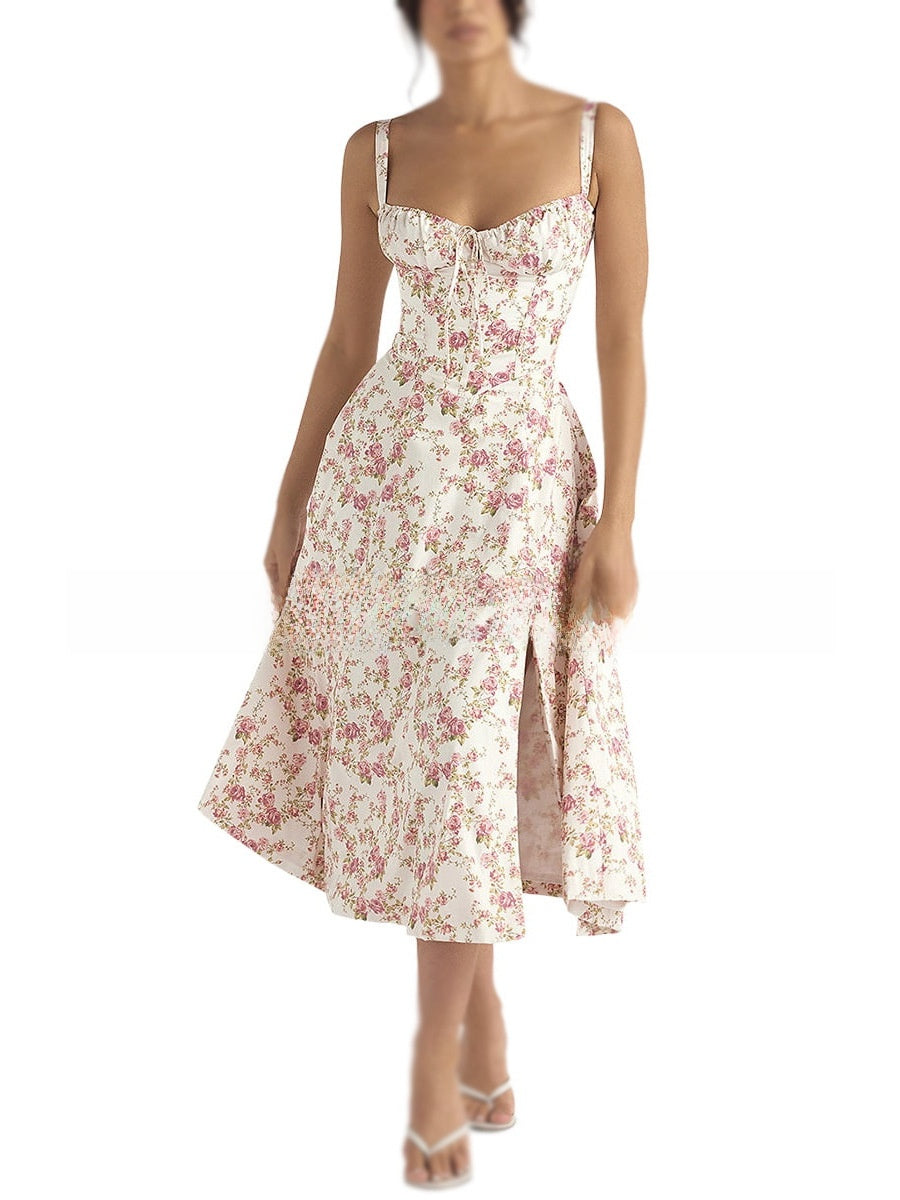 Cross-Border European and American 2026 Amazon Summer New Printed Tie-Up Strap Dress with Back Tie Waist-Cinching Long Dress