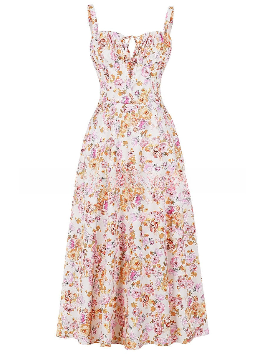 Cross-Border European and American 2026 Amazon Summer New Printed Tie-Up Strap Dress with Back Tie Waist-Cinching Long Dress