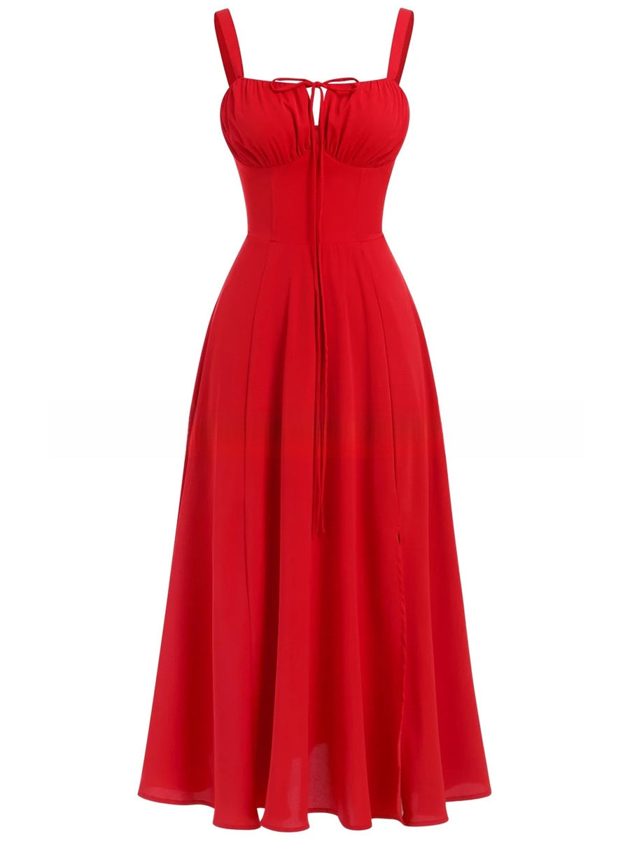 Cross-Border European and American 2026 Amazon Summer New Printed Tie-Up Strap Dress with Back Tie Waist-Cinching Long Dress