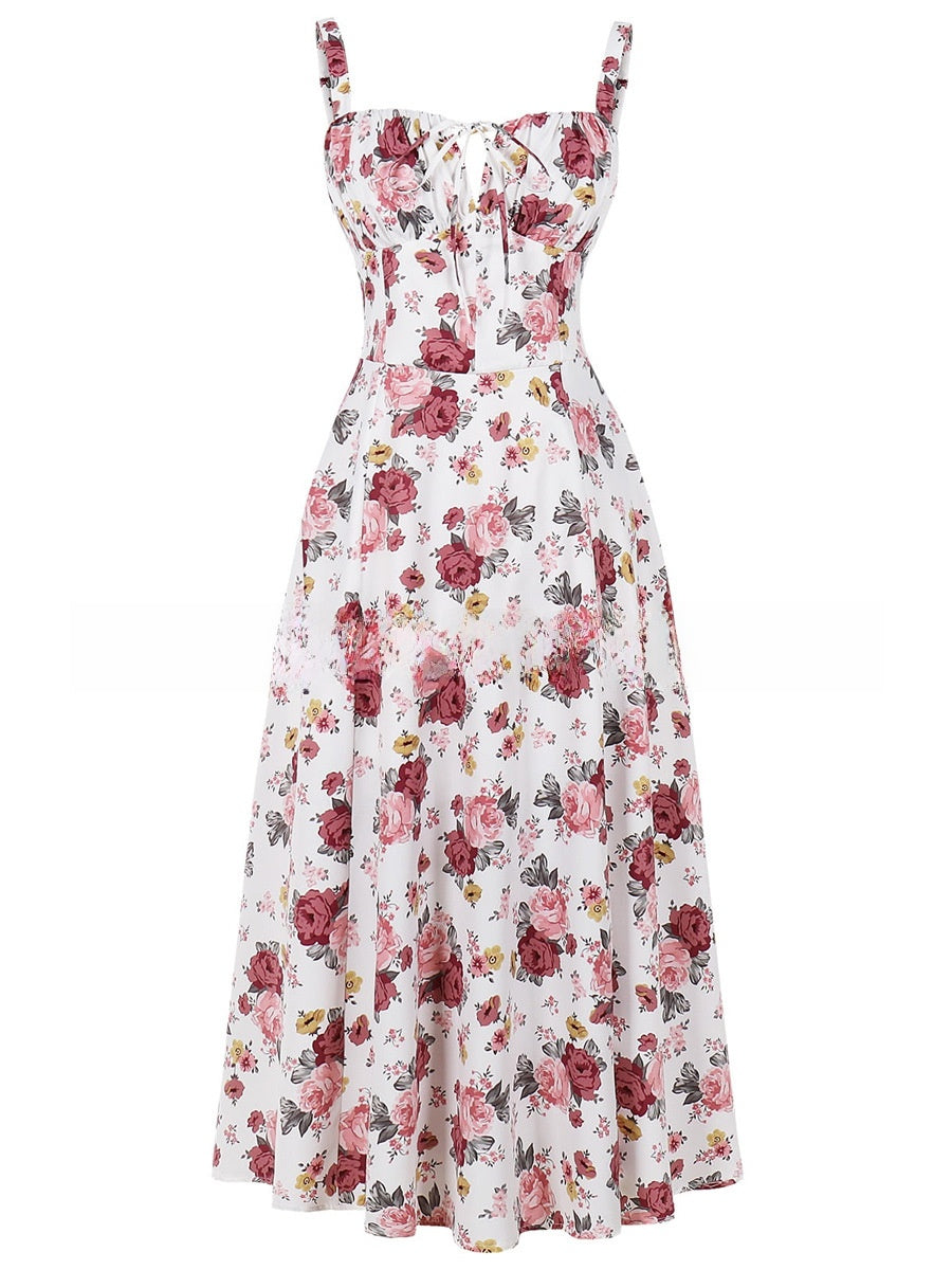 Cross-Border European and American 2026 Amazon Summer New Printed Tie-Up Strap Dress with Back Tie Waist-Cinching Long Dress