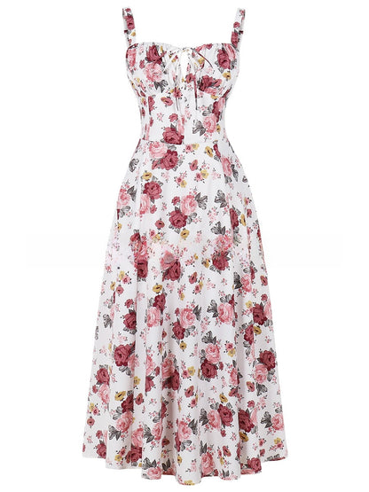 Cross-Border European and American 2026 Amazon Summer New Printed Tie-Up Strap Dress with Back Tie Waist-Cinching Long Dress